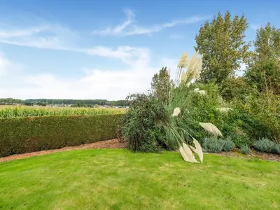 a garden with grass and plants and a hedge at Charming Nieuwpoort Mill Retreat in Zottegem
