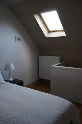 a bedroom with a bed and a skylight at All Inn Holiday Home in Ghent