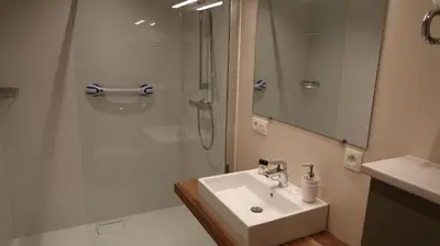 a bathroom with a sink and a shower at B&B La Vie En Roses in Moorsel
