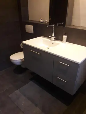 a bathroom with a white sink and a toilet at Un grand jardin en ville. Chez Guy in Brussels