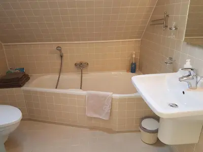 a bathroom with a sink and a tub and a toilet at B & B DE SERAFIJN in Lochristi