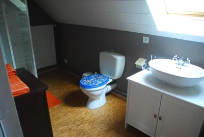 a bathroom with a toilet and a sink at De Rosmolen in Ertvelde