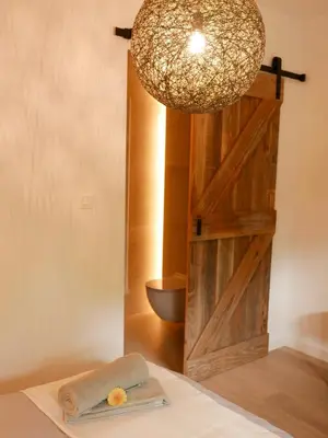 a room with a barn door and a chandelier at De Gulle Beemden in Hulshout