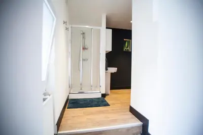 a bathroom with a shower and a rug on the floor at Luxury Suites Cathedral by Rikas Hotels in Antwerp