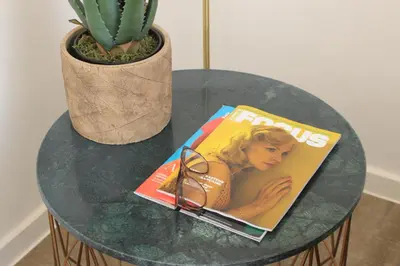 a glass table with a magazine and a potted plant at CITYSTAY in Antwerp