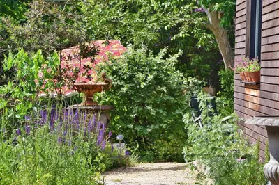 a garden with flowers and a vase in a yard at Beeltjens B&B: Wolf&Belle in Westerlo