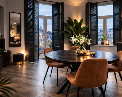 a dining room with a table and chairs and windows at Noir Loft with Skyline View in Antwerp
