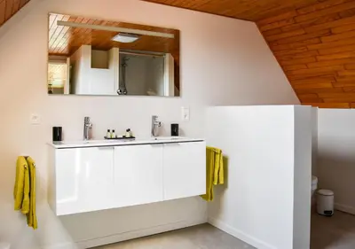 a bathroom with a sink and a mirror at B&B Plattestien in Halle