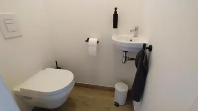 a bathroom with a toilet and a sink at B&B Plattestien in Halle