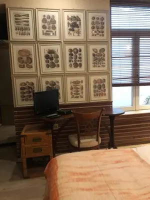 a bedroom with a desk with a laptop and a window at Studio Rempart in Brussels