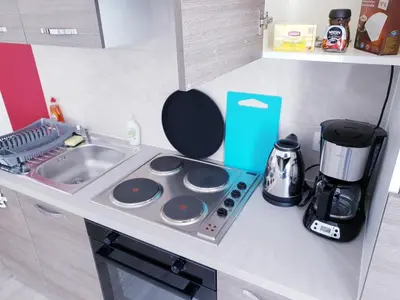 a small kitchen with a stove and a sink at Brussels appartments luxury in Brussels
