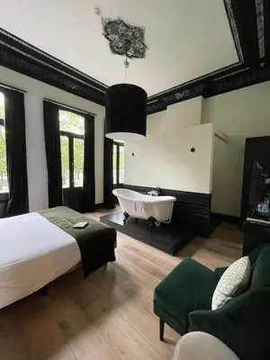 a bedroom with a bed and a bath tub in it at B in Antwerp in Antwerp