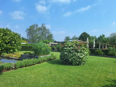 a garden with a pond and flowers and a fountain at B&B Welcome Home in Laakdal