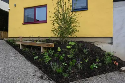 a garden with a bench in front of a house at B&B Dujardin in Dilbeek