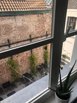 a window view of a brick wall and a table at Bed & Boon in Ghent