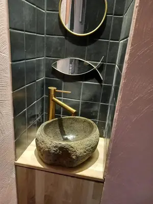 a bathroom with a stone sink and a mirror at Land Scape guesthouse in Eeklo