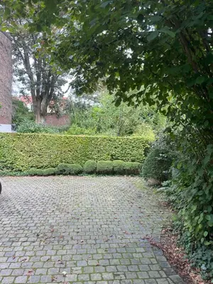 a brick walkway in a park with a tree at Holiday Home Jules in Antwerp