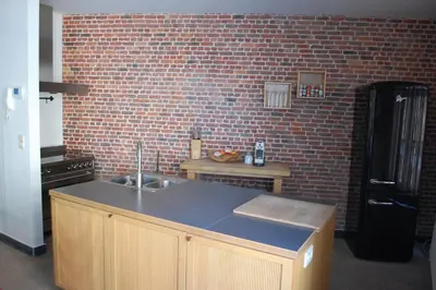 a kitchen with a sink and a brick wall at Rubbensloft in Zele
