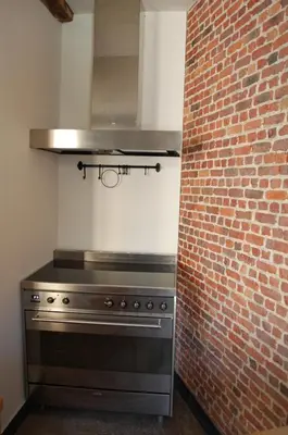 a stove in a kitchen next to a brick wall at Rubbensloft in Zele