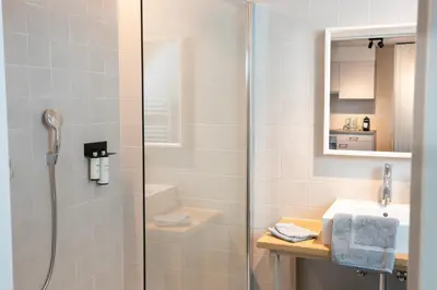 a bathroom with a shower and a sink at B&B Hof Beygaert in Aalst