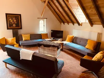 a large living room with couches and a tv at Hotel Colonie 7 in Merksplas
