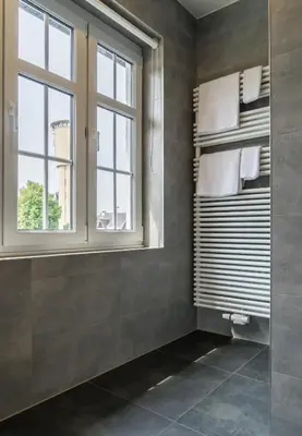 a bathroom with a shower and a window at Hotel Huron in Mol