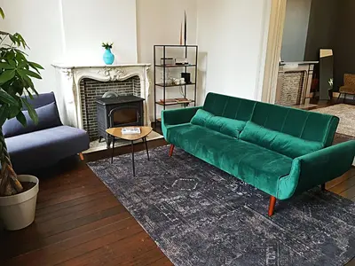 a living room with a green couch and a fireplace at OsTi in Ghent