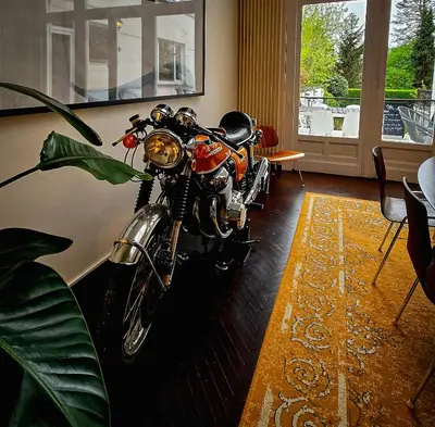 a motorcycle parked in a living room with a plant at OsTi in Ghent