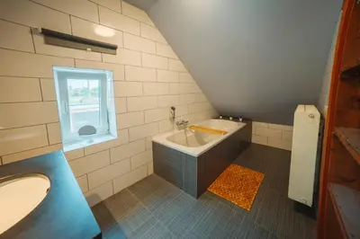 a bathroom with a bath tub and a sink at De Holsterhoeve in Beringen