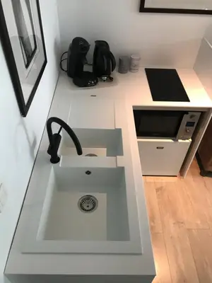 a sink in a kitchen with a counter and a sink at The Suite Escape Suite Wood in Sint-Lievens-Houtem