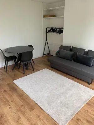 a living room with a couch and a table at Suite minimalist 50m2 in Brussels