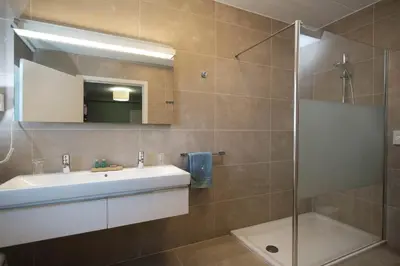 a bathroom with a sink and a shower at Craywinckelhof Wagenhuis Horst in Lubbeek