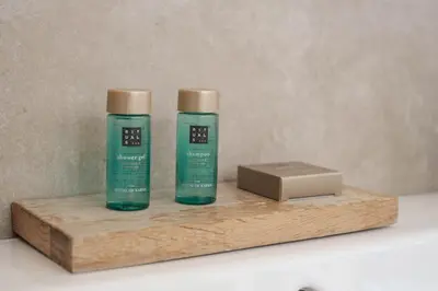 two bottles of green shampoo and a box on a counter at Craywinckelhof Wagenhuis Horst in Lubbeek