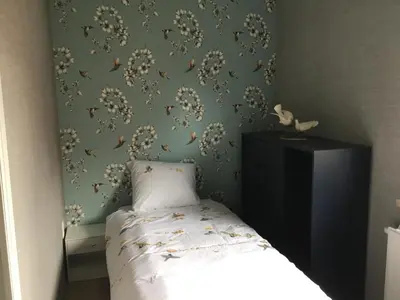 a bedroom with a bed and a green wall at Gesloten in Geraardsbergen