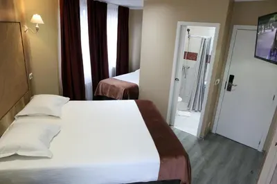 a hotel room with a bed and a bathroom at Hotel Phenix in Brussels