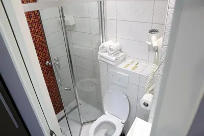 a small bathroom with a toilet and a shower at Hotel Phenix in Brussels