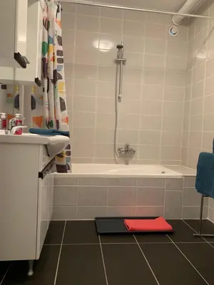 a bathroom with a tub and a shower and a red mat at Anna Place in Ghent