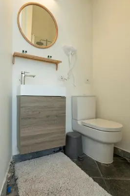 a bathroom with a toilet and a mirror at SHWAY - The Red With Pearls in Antwerp