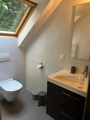 a bathroom with a toilet and a sink and a window at B&B Des Heures Claires in Lasne