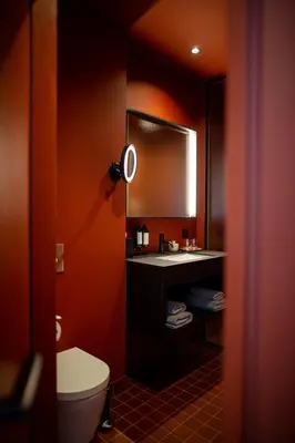 a bathroom with a sink and a mirror and a toilet at Maison Margo in Ghent
