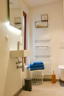 a bathroom with a sink and a toilet and a mirror at Bennestay in Ghent