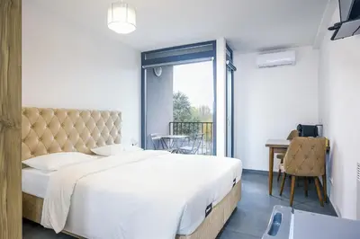 a bedroom with a large bed and a balcony at Résidence la floraison in Brussels