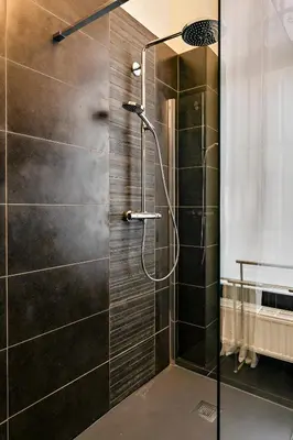 a shower with a glass door in a bathroom at Fish Market B&B in Brussels