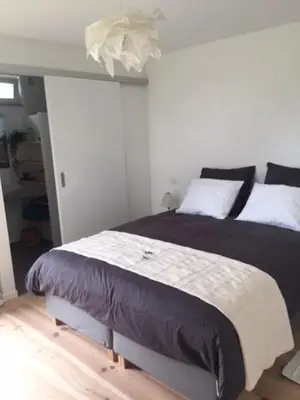 a bedroom with a large bed with black and white pillows at Le Buis in Genval