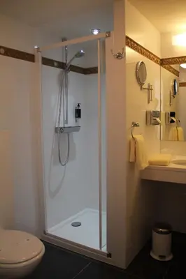 a bathroom with a shower and a toilet at Hotel La Roseraie in Wemmel