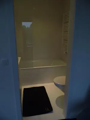 a bathroom with a bath tub and a toilet at Quarante Cinq in Evergem