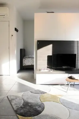 a living room with a fireplace and a television at Quartier des Quais Dansaert in Brussels
