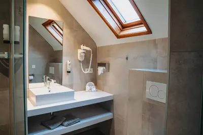 a bathroom with a sink and a mirror at Hotel Les Eleveurs in Halle