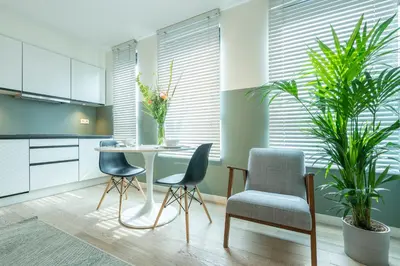 a kitchen with a table and chairs and plants at SHWAY - The Card Room Green Studio in Antwerp