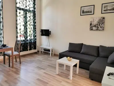 a living room with a black couch and a table at Cosy Europarlament apartment in Brussels
